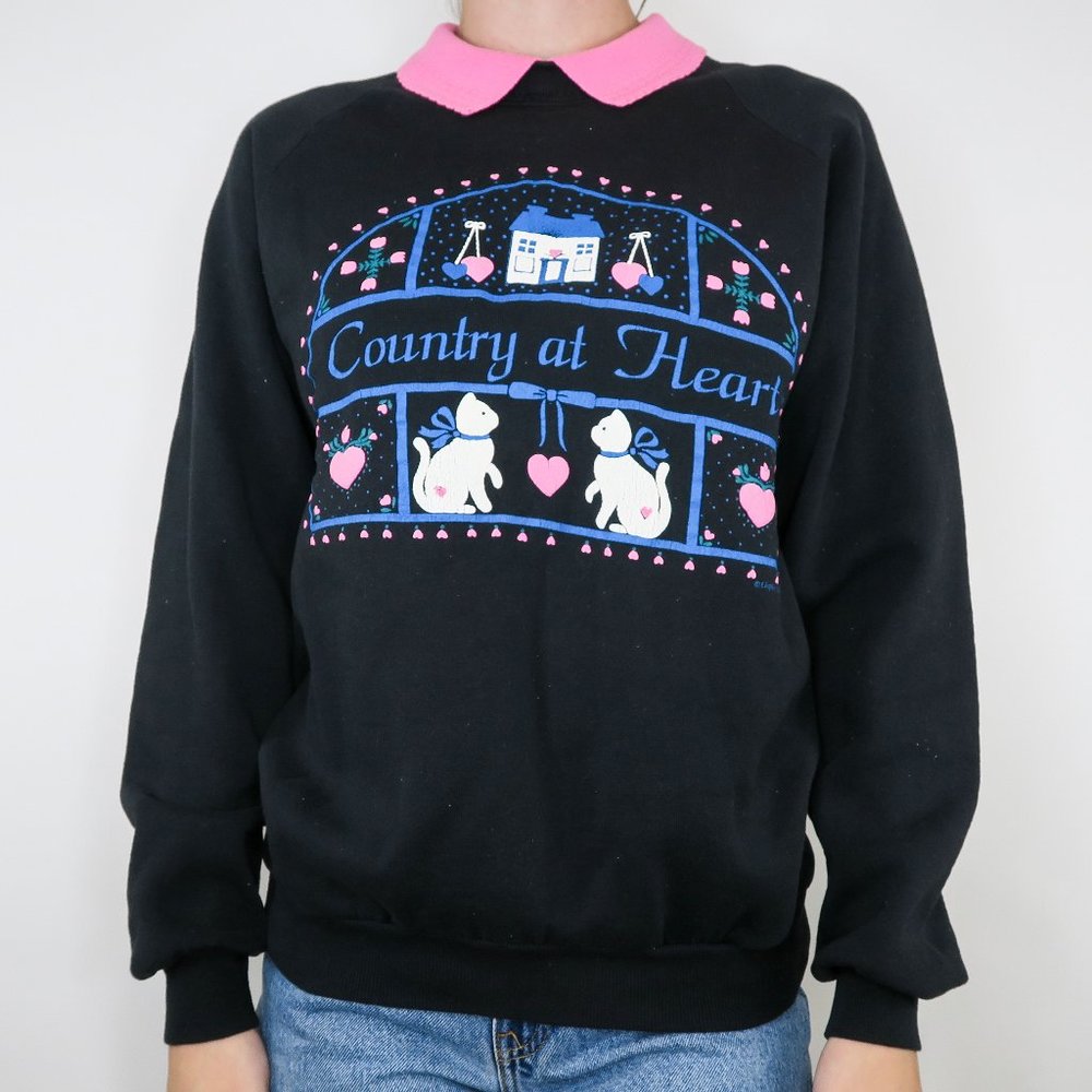 Vintage 90s Gopher Sport Graphic Cat Lady Collared Sweatshirt - Black & Pink